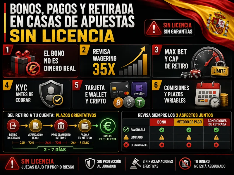 Bonos, pagos y retirada en casas de apuestas sin licencia